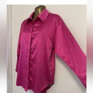 Blue B. NEW WOMAN PINK SATIN EFFECT SHIRT Rhinestone LONG SLEEVE SIZE S